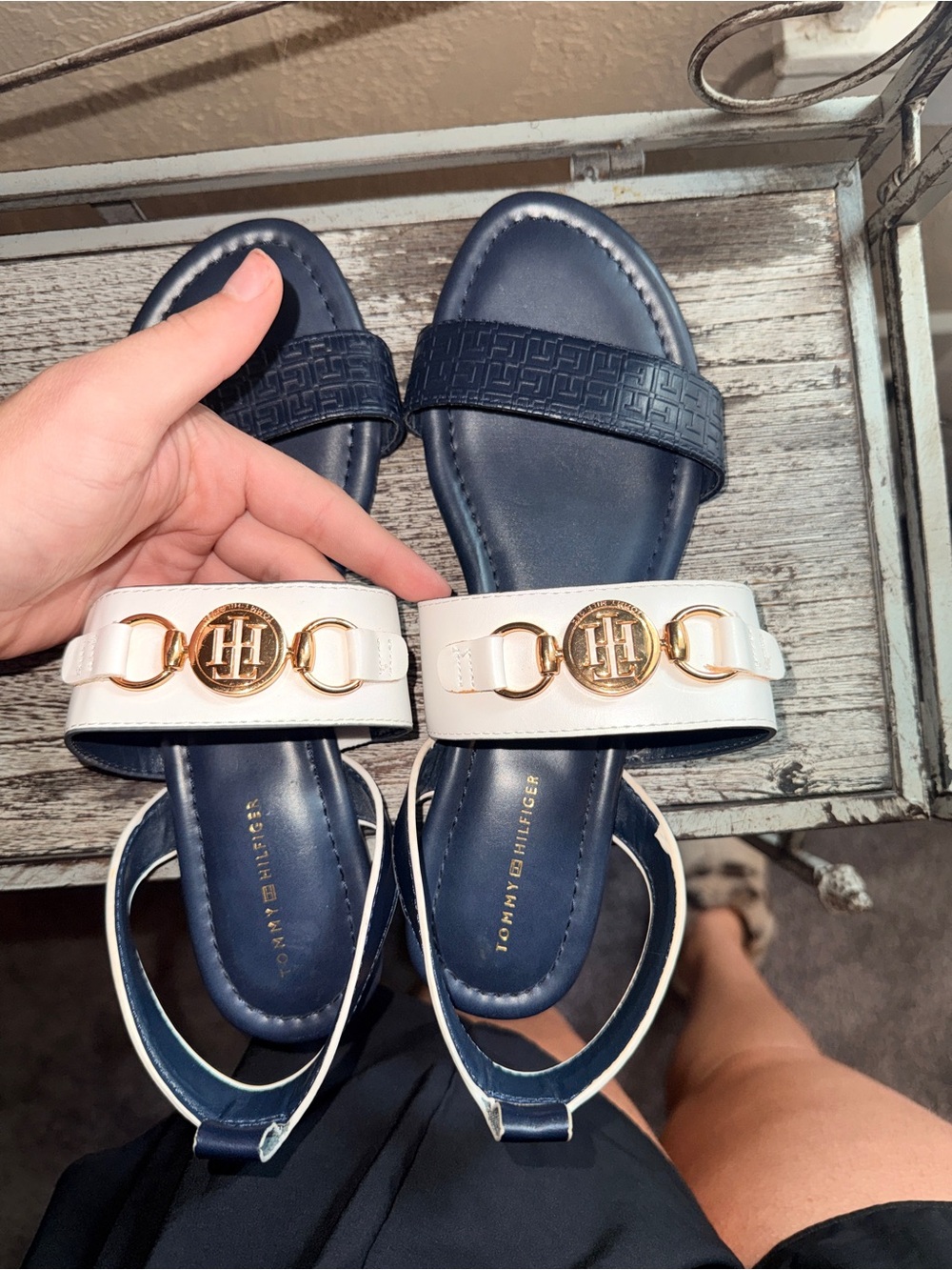 Tommy Hilfiger Navy and White Gold-Logo Strap Slide Sandals